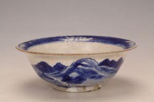 000546青花教堂电线杆山水纹茶洗碗
