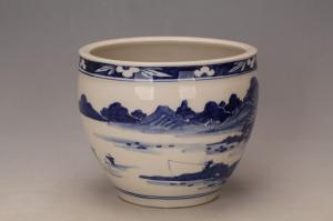000973青花山水纹花钵“如合”款