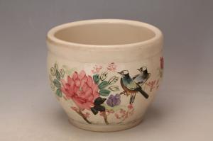 001041大窑五彩花鸟纹水钵