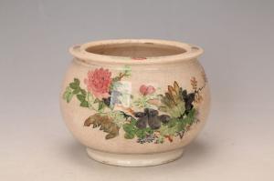 001046大窑五彩花卉纹水钵“富贵长春”