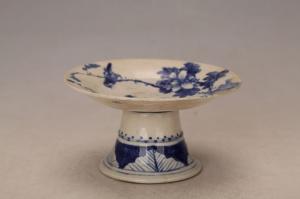 001365蓝彩花鸟纹高足盘