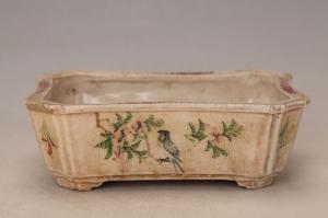 001375大窑五彩花鸟纹四方折沿钵