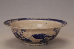 001205青花花鸟纹折沿洗