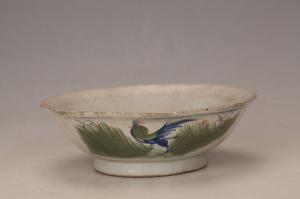 001811青花红绿彩公鸡纹花口碗