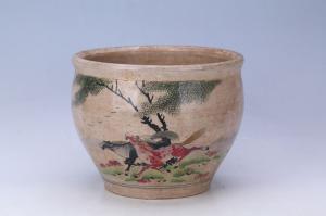 002142“海利出品”款五彩奔马纹缸