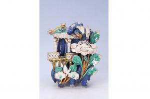 002244石湾窑彩釉贴塑亭台壁瓶