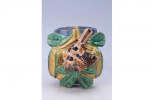 002248石湾窑彩釉贴塑花鸟壁瓶