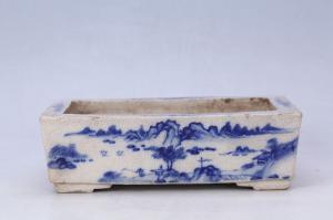 002826“陶真玉制”款蓝彩山水纹方形花盆