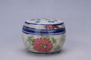 002677“荣丰”“大南路粤行自制糖果”款彩绘花卉纹盖罐