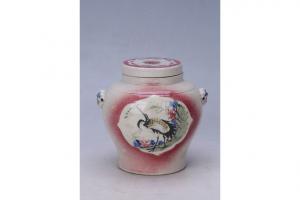 002695“荣丰”“汕头杨顺利”款喷彩红釉开光五彩花鸟纹双系盖罐