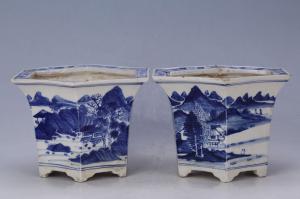 003230“胜玉督造”款蓝彩山水纹六角花盆