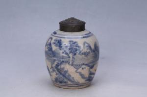 003242大窑蓝彩山水纹盖罐
